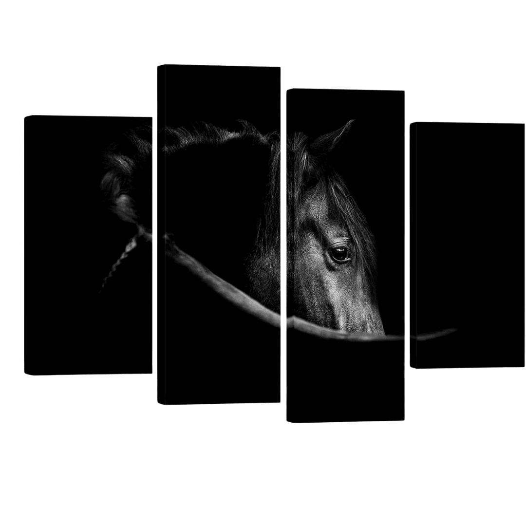 Black and white multi-panel horse canvas wall art in modern living room