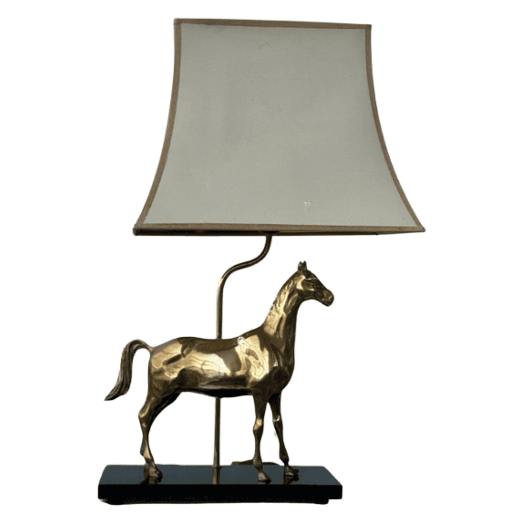 1970s solid brass horse table lamp by Deknudt Belgium on black base