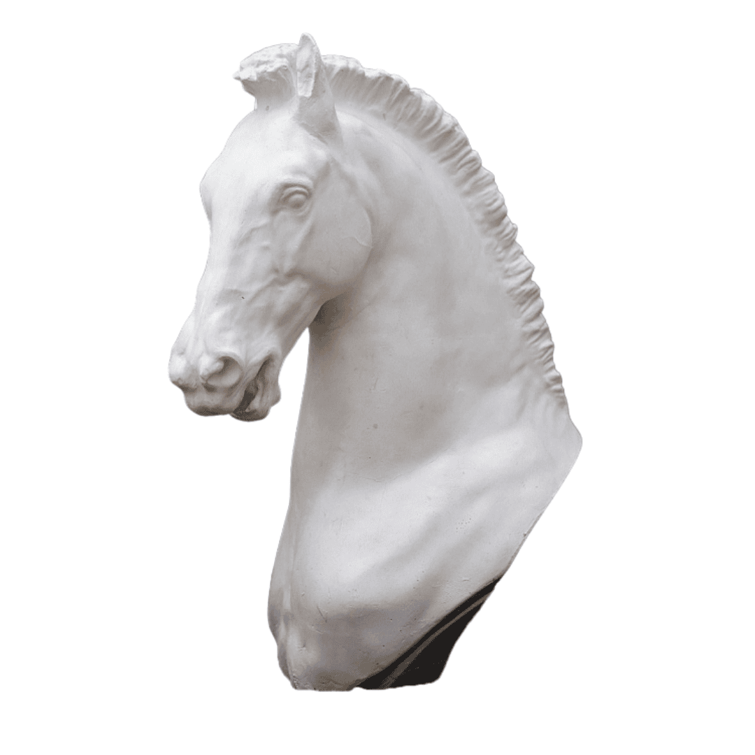 Modern fragmented horse head sculpture with detailed mane and musculature