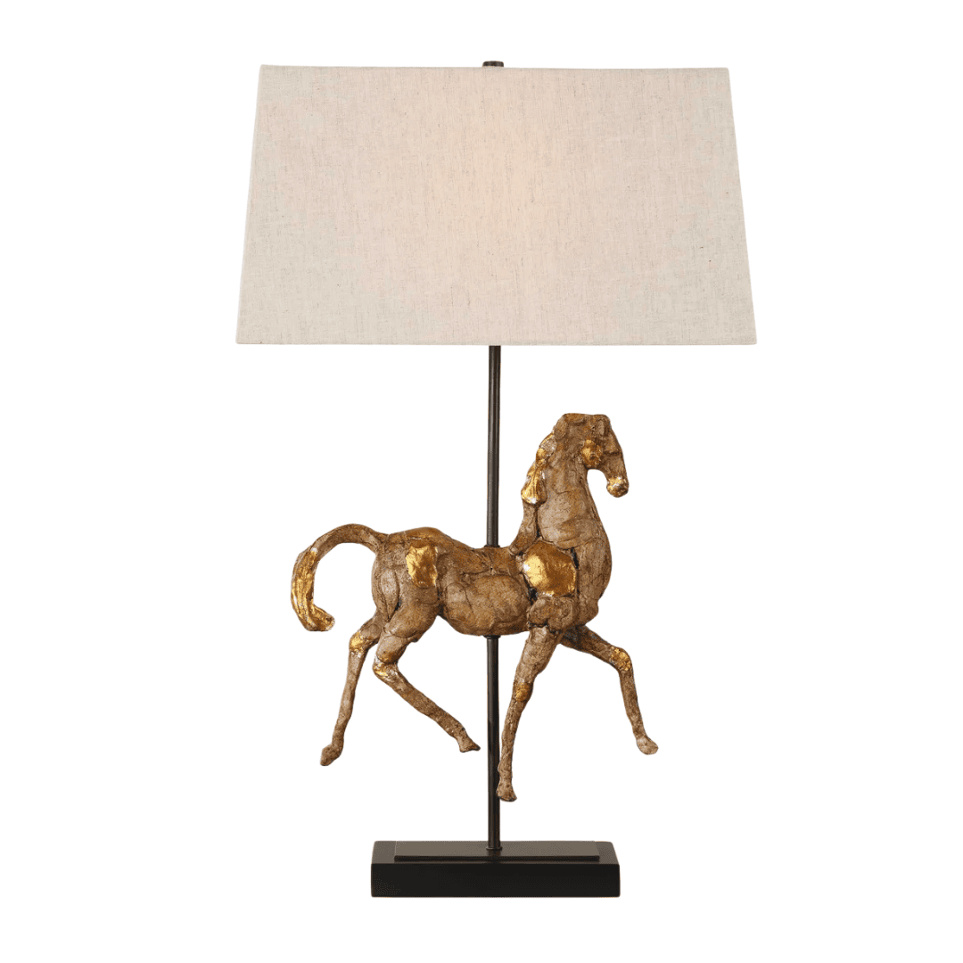 Horse sculpture table lamp with beige linen shade and black iron base