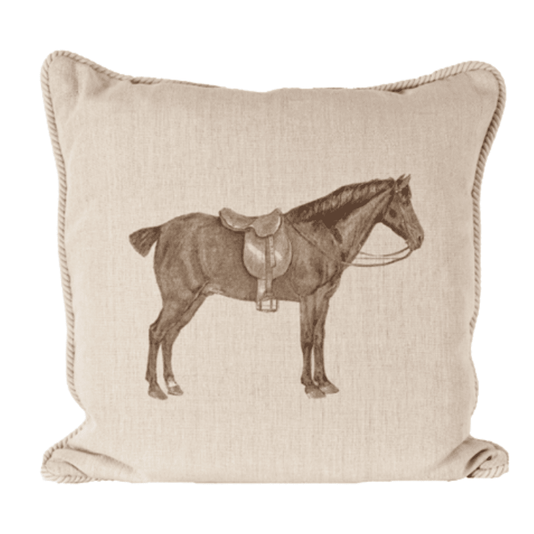 Linen pillow with horse and saddle illustration