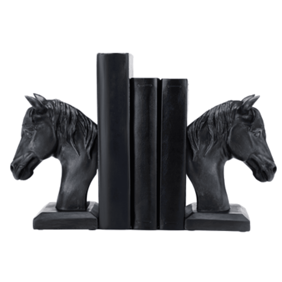 Brown resin horse head bookends on bookshelf