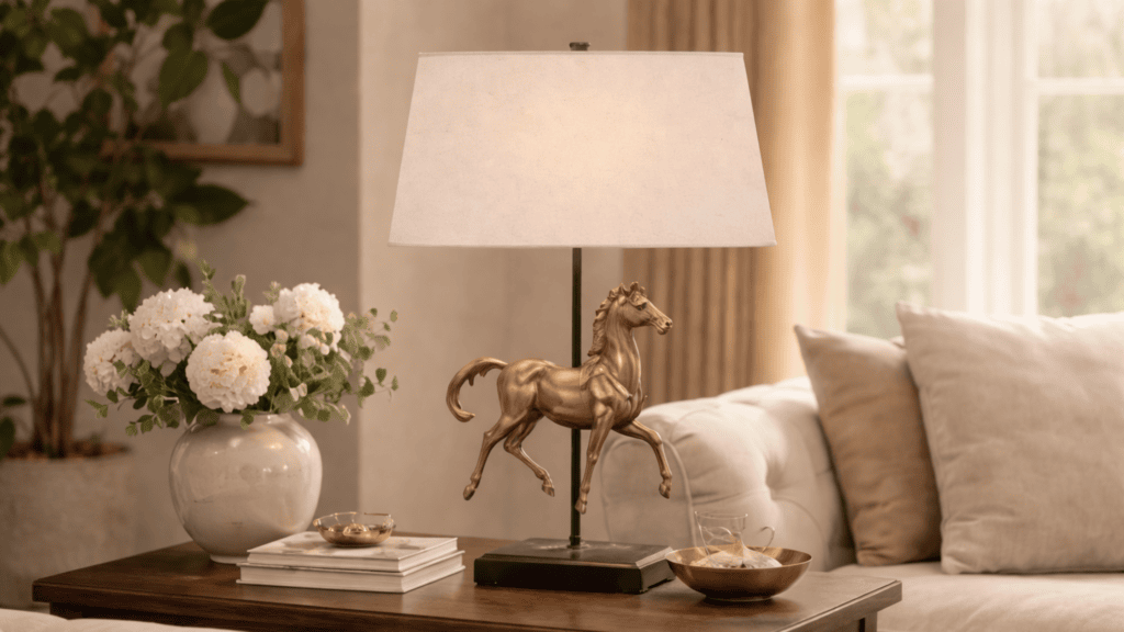 Antique brass horse table lamp with linen shade styled on a wooden side table in a neutral living room with white hydrangeas and layered decor.