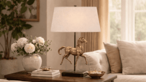 Antique brass horse table lamp with linen shade styled on a wooden side table in a neutral living room with white hydrangeas and layered decor.