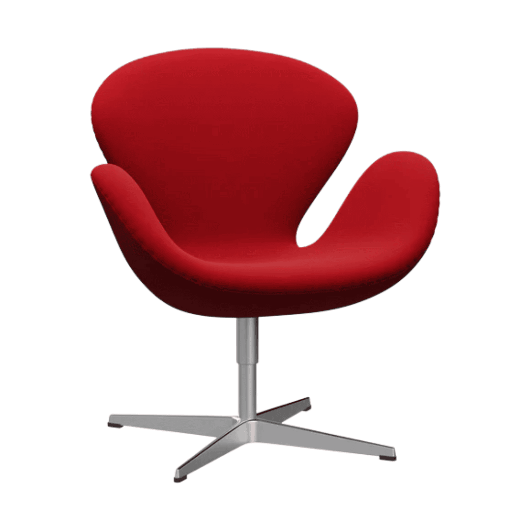 Red Swan Chair by Arne Jacobsen with curved organic silhouette.