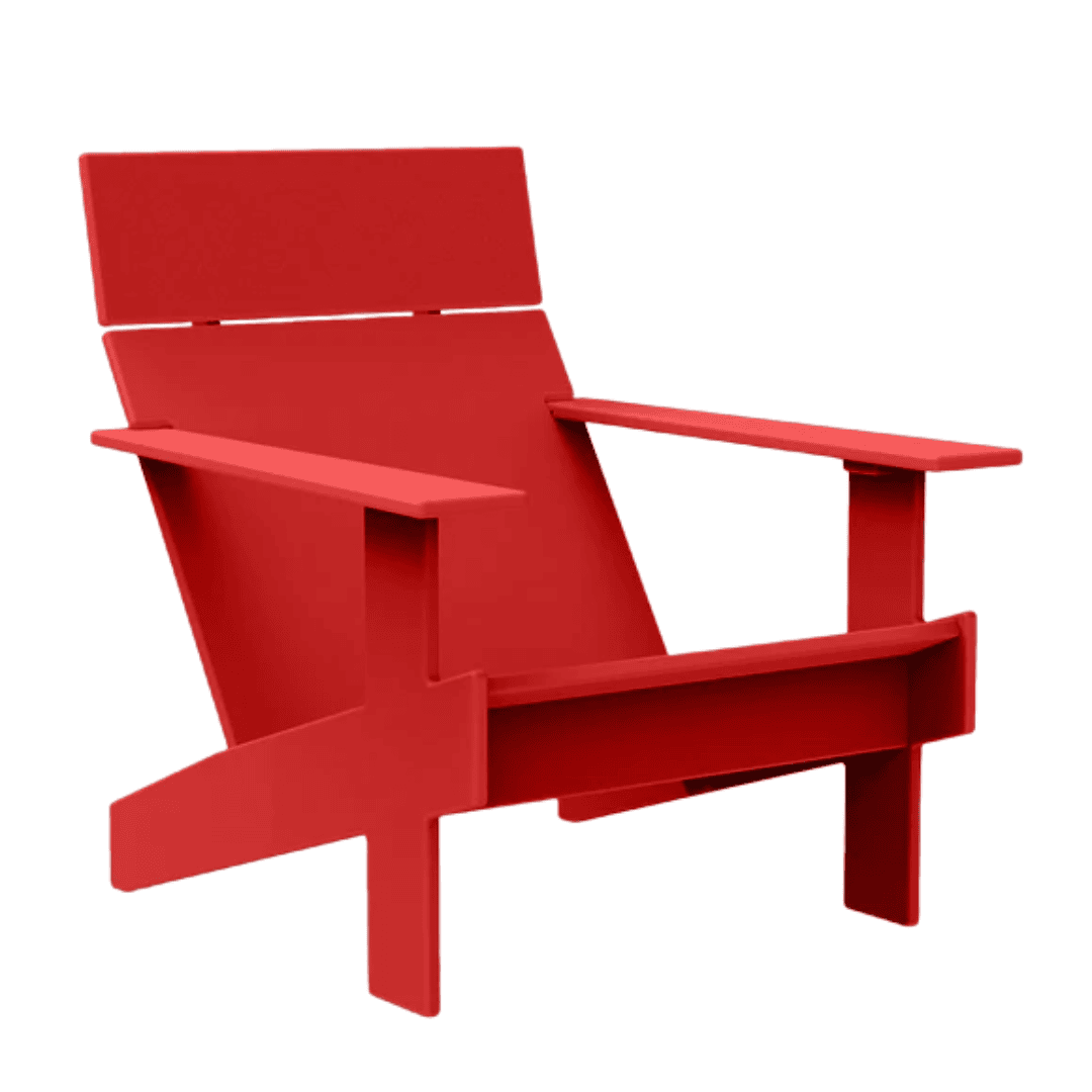 Red Lollygagger Lounge Chair with modern Adirondack silhouette.