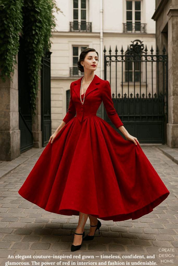Couture-inspired red gown with full skirt, elegant silhouette, and timeless Parisian style.