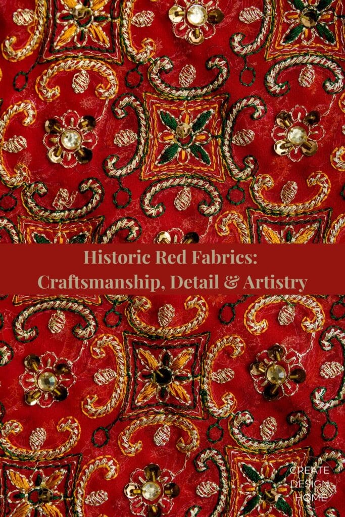 Historic red embroidery with intricate floral pattern and rich textile detail.