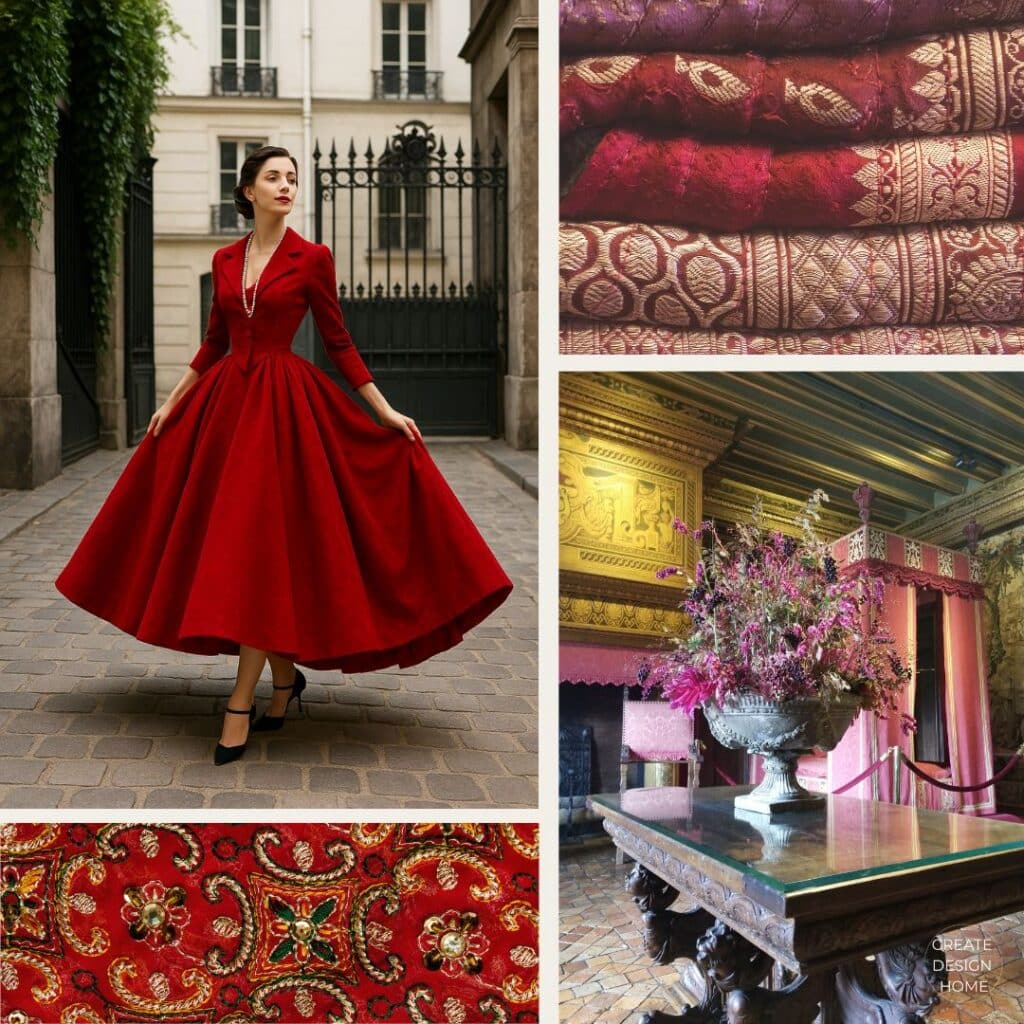 Collage of historic red interior, couture-inspired red gown, and richly patterned red textiles representing the power of red in design