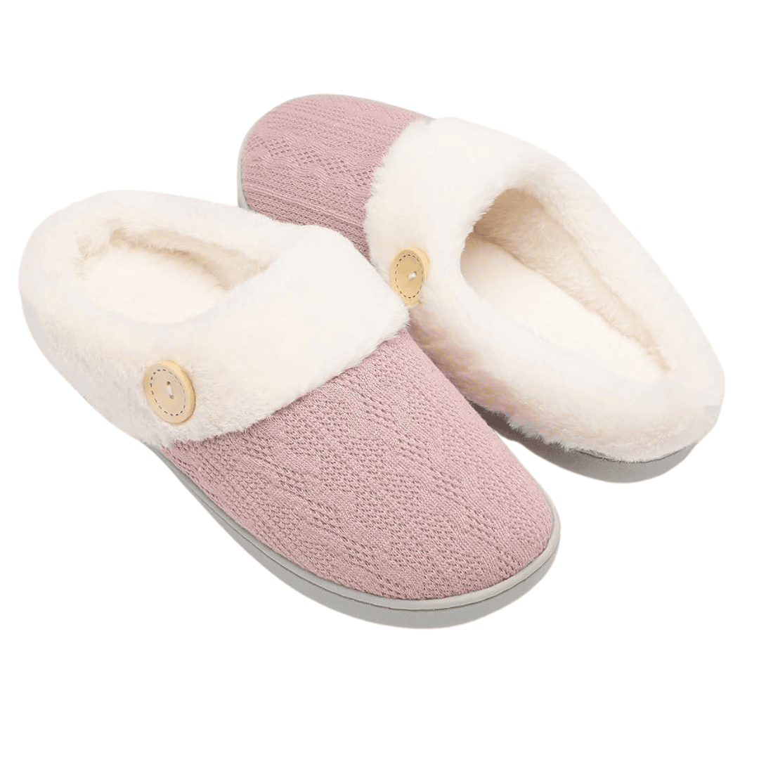 Soft pink knitted slippers with faux fur lining for cozy indoor comfort