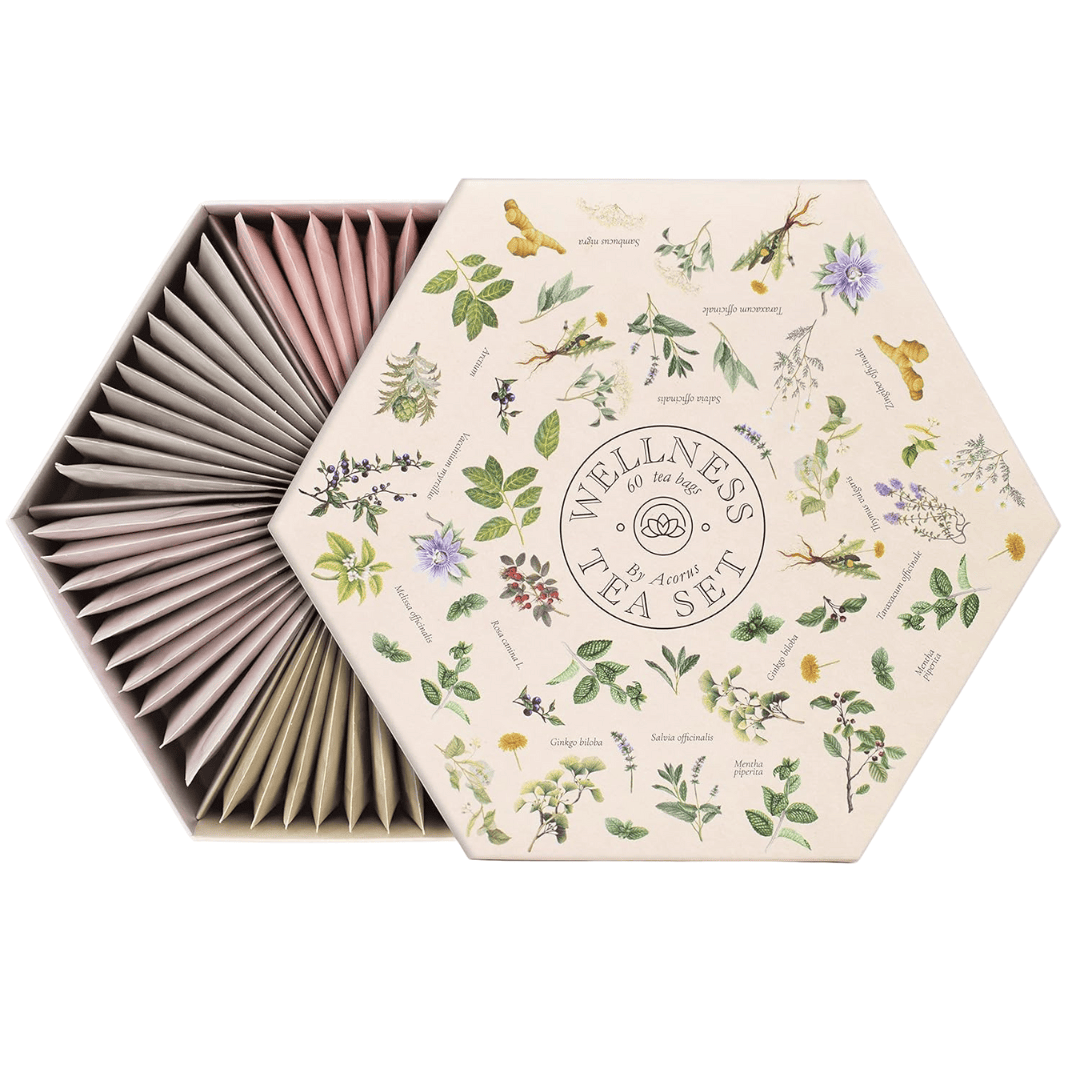 Boxed herbal tea assortment with individually wrapped tea bags