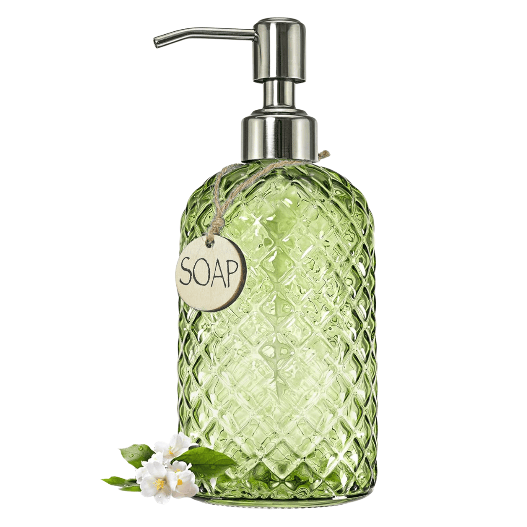 Green patterned glass soap dispenser with metal pump