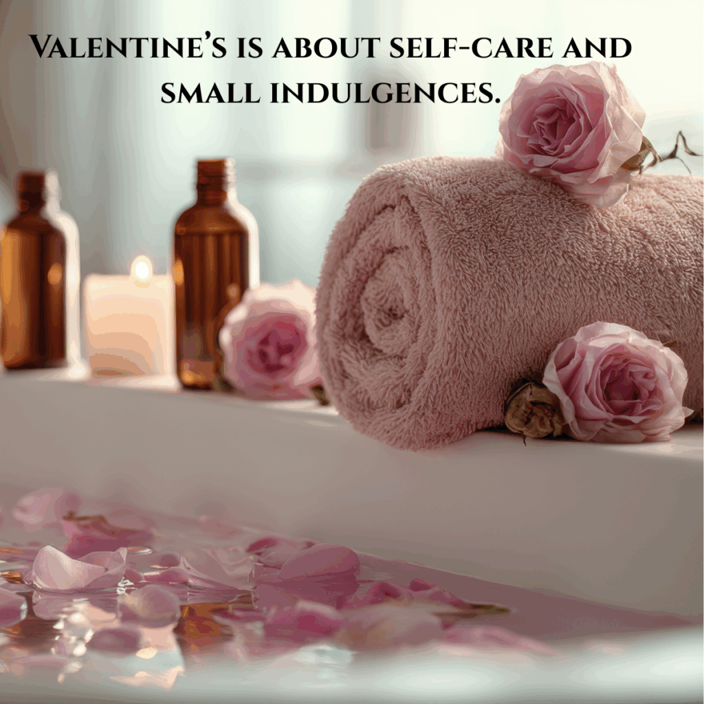 A spa-inspired scene with rolled pink towels, rose petals, candles, and glass bottles, illustrating Valentine’s self-care and small indulgences at home.