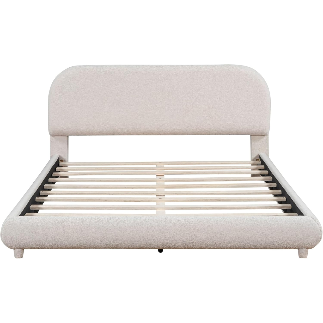 Cream boucle upholstered platform bed with curved headboard