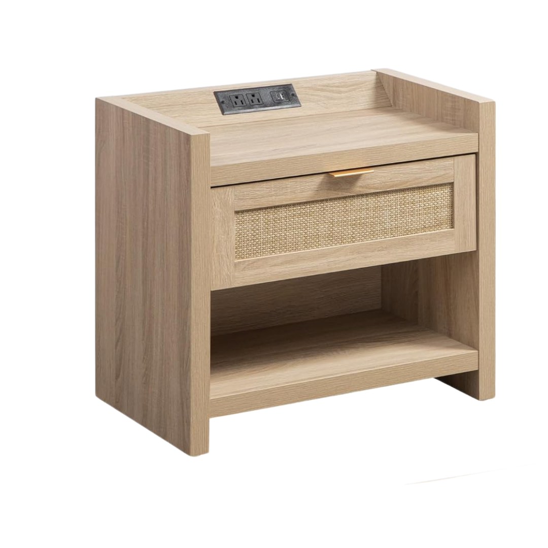 Rattan nightstand with drawer shelf and wood frame