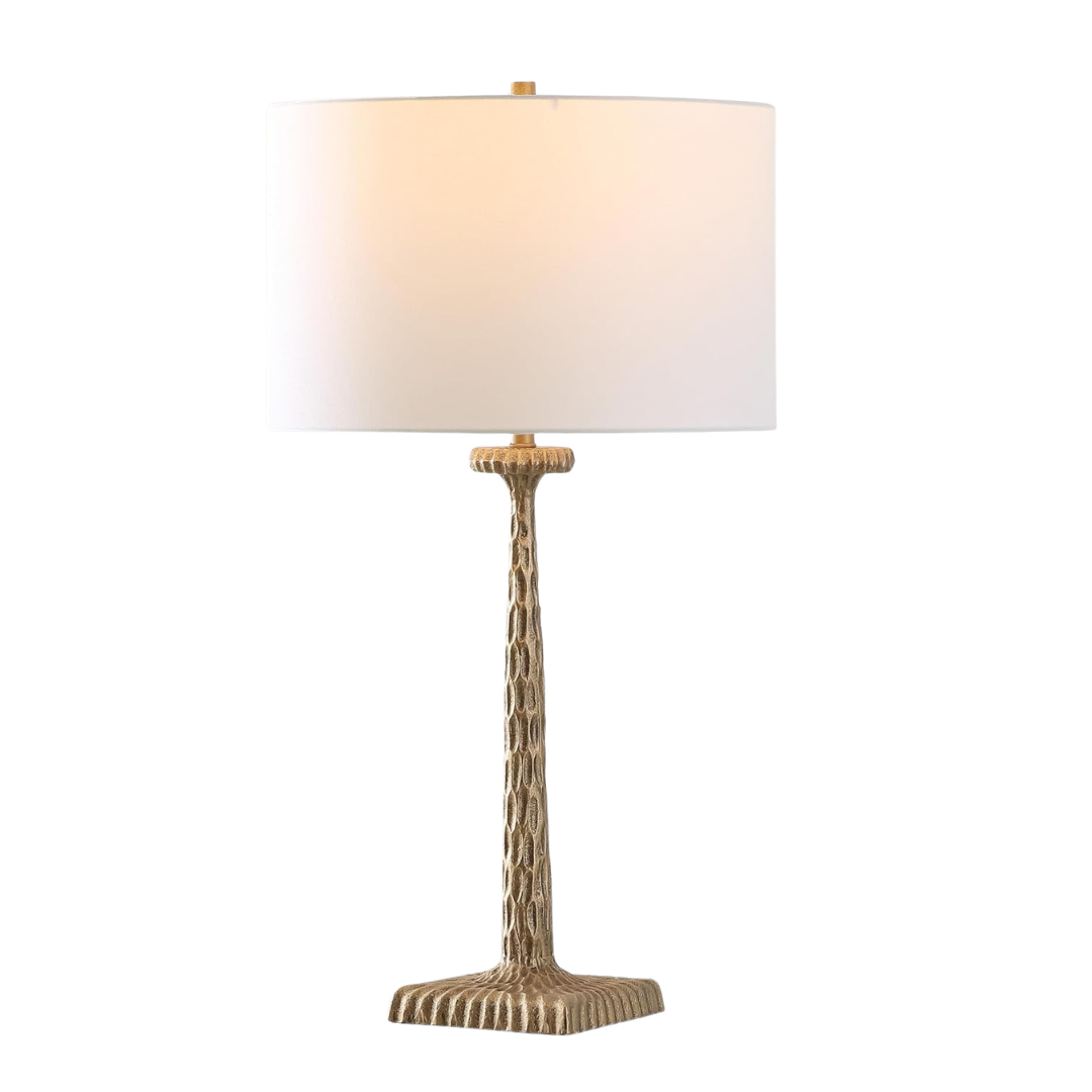 Antique brass table lamp with white linen shade