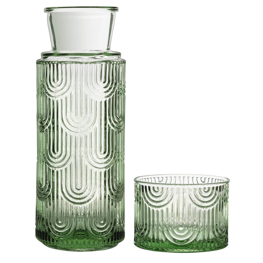 Green glass bedside water carafe set with matching tumbler