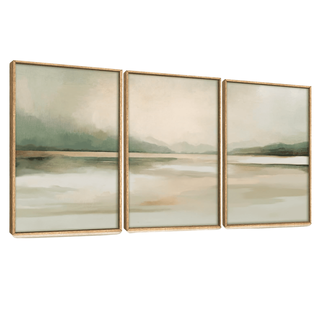 Neutral green landscape wall art set with soft abstract tones