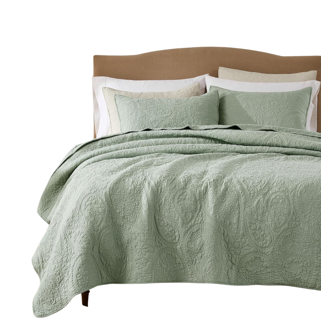 Sage green cotton coverlet with subtle textured pattern