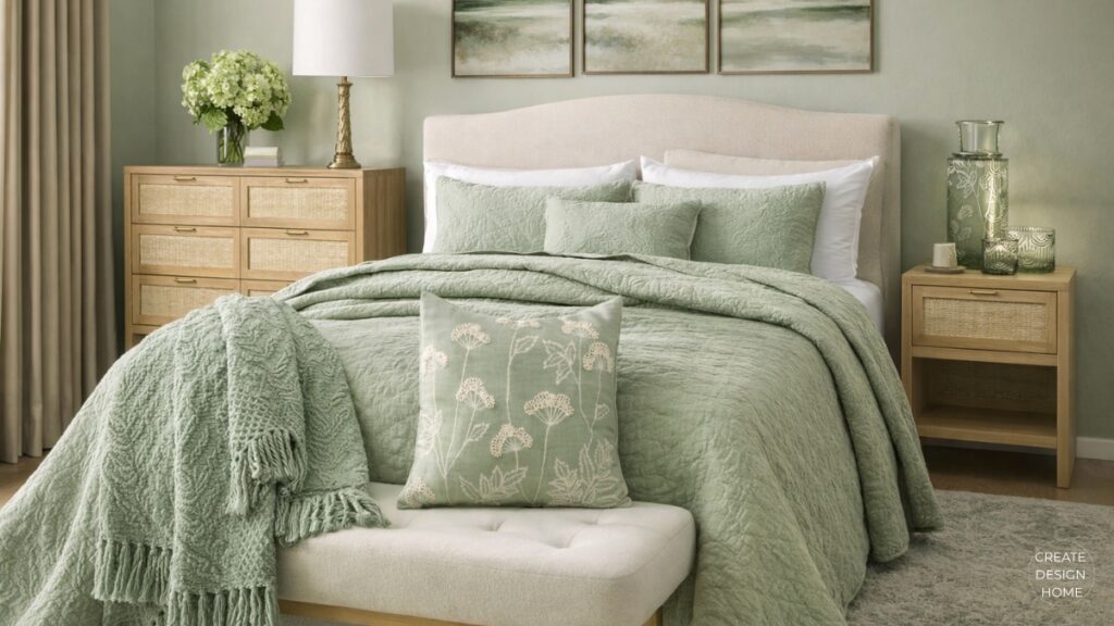 sage green bedroom with layered bedding and soft decor