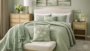 sage green bedroom with layered bedding and soft decor