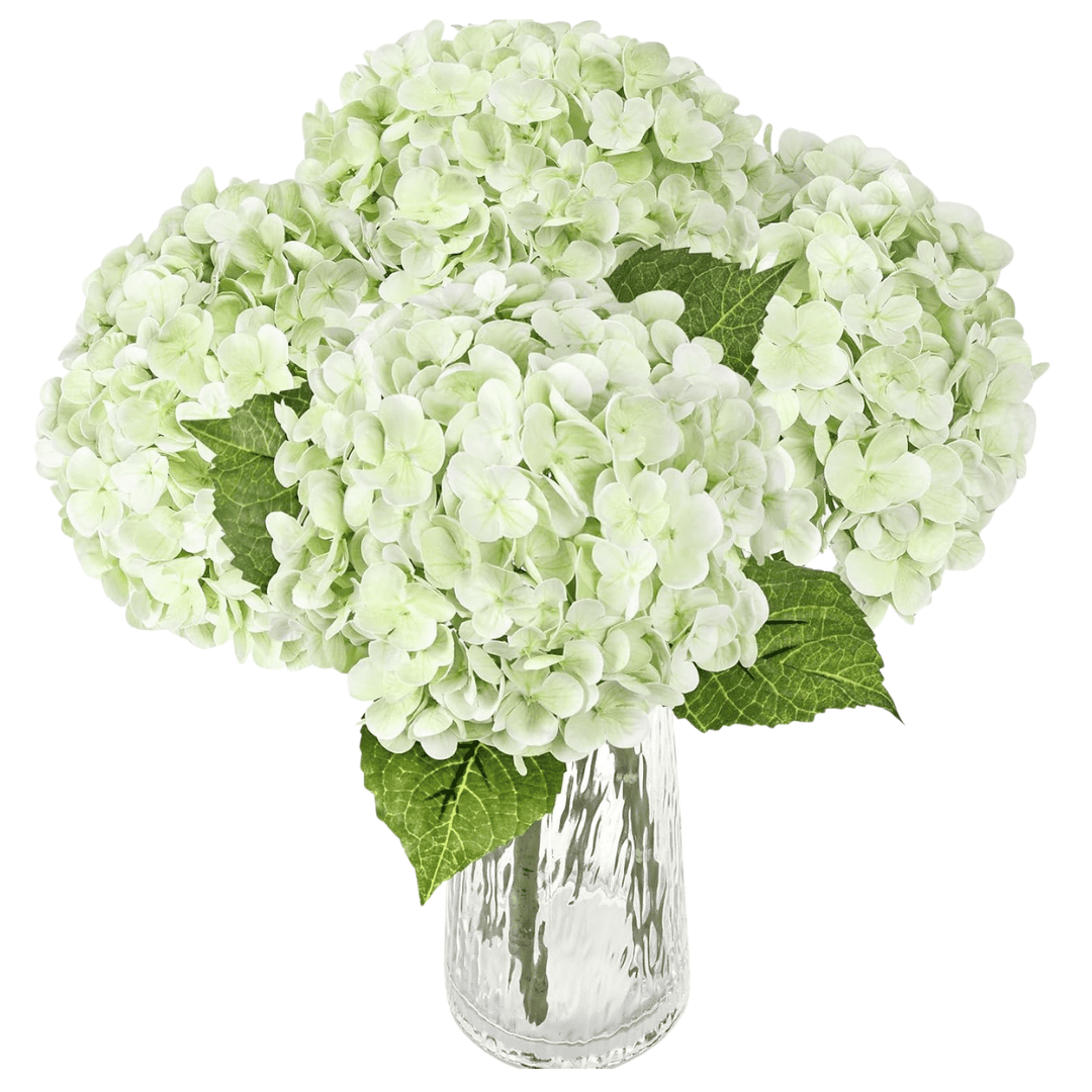 Faux green hydrangea flowers in glass vase for bedroom decor