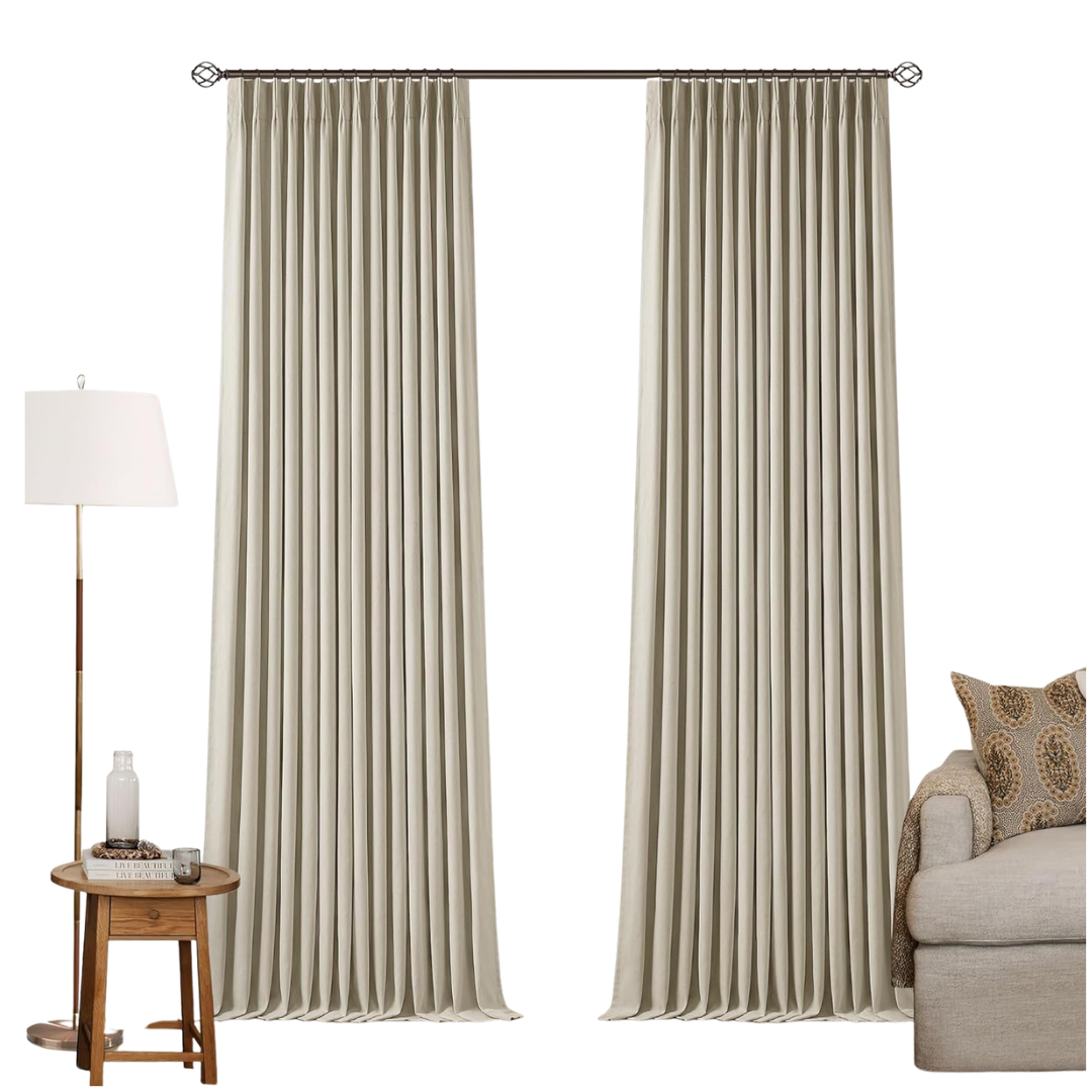 Neutral linen blackout drapes with pinch pleat detailing