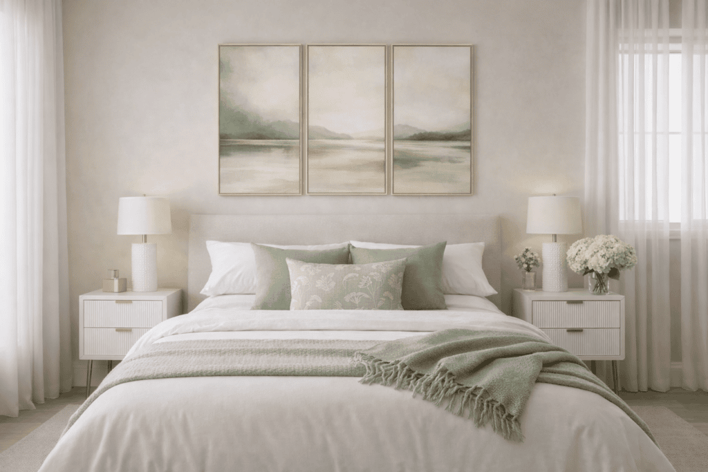 Sage green staged bedroom with neutral bedding, soft landscape artwork, and layered textures