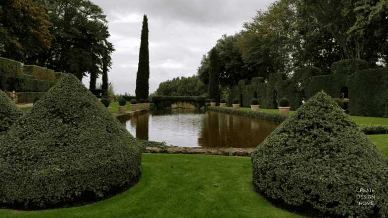 Formal garden with reflective water and sculpted greenery representing Seiri, putting in order.