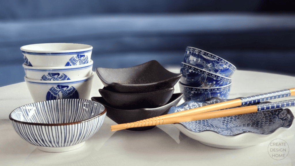 Blue-and-white Japanese-inspired bowls and chopsticks styled to reflect Seiri, putting in order through simplicity and intentional arrangement.
