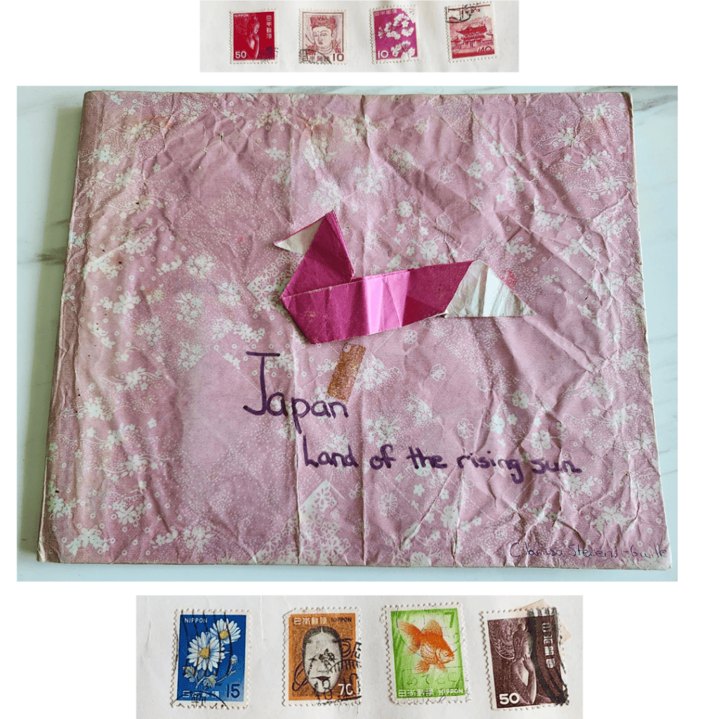 Japanese Philosophy shown in childhood geography project about Japan featuring handmade artwork, stamps, and paper ephemera reflecting an early fascination with Japanese culture.
