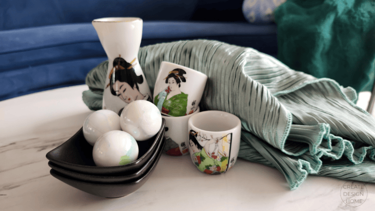Japanese-inspired tea cups and folded textiles styled to reflect Ikigai, reason for being.