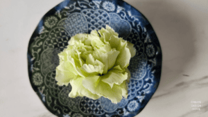 Green flower in a blue patterned bowl representing Kanso, warm simplicity through restrained natural beauty.