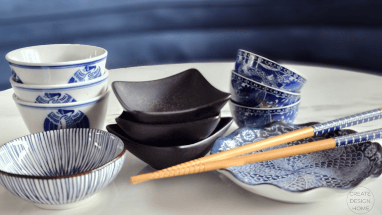Blue-and-white ceramics with chopsticks styled to represent Shibui, quiet beauty and understated elegance.