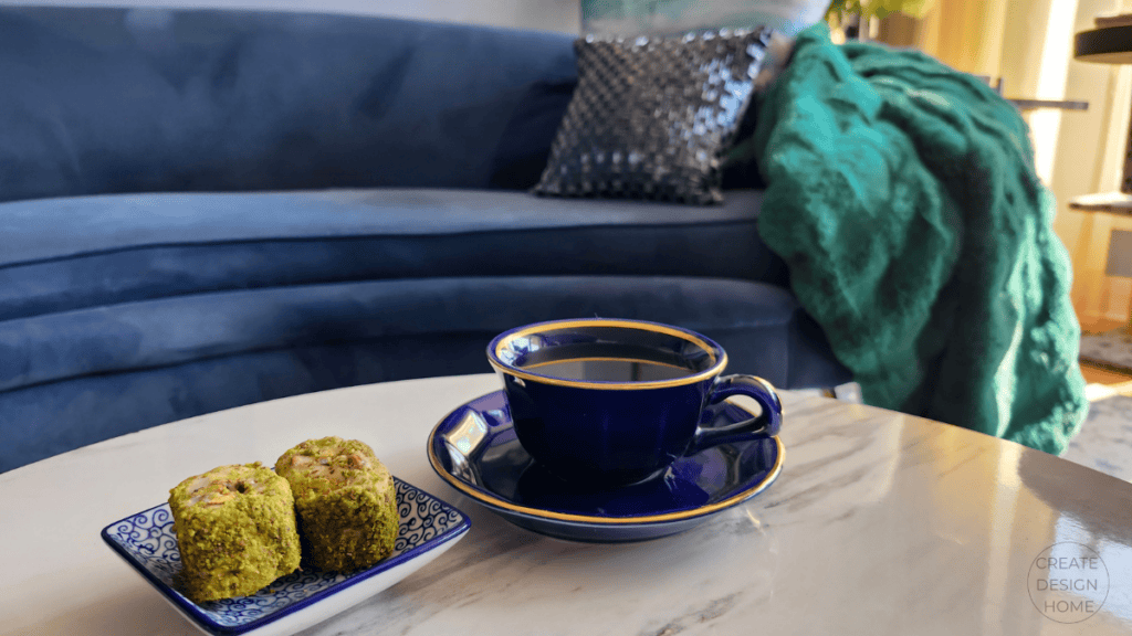 Tea cup and simple dessert styled to reflect Shibumi, effortless excellence through quiet refinement and understated beauty.