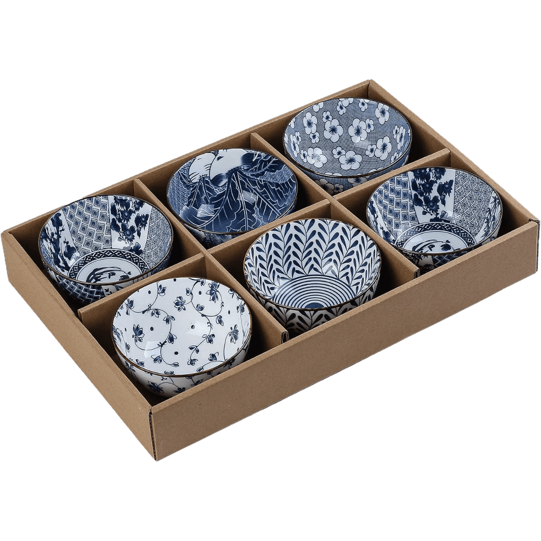 Set of six blue and white ceramic Japanese-style rice bowls