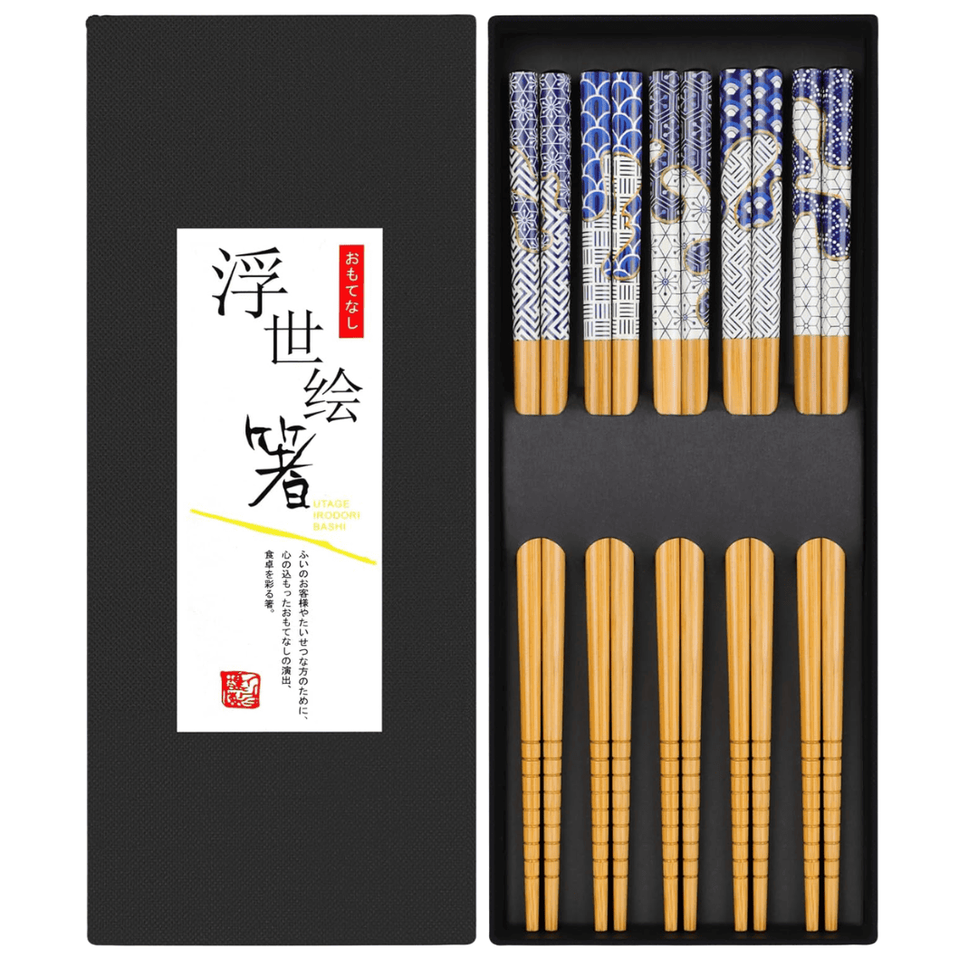 Set of reusable bamboo chopsticks in decorative gift box