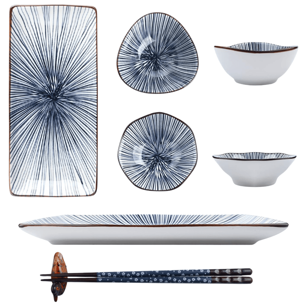 Japanese inspired living with blue and white ceramic sushi dinnerware set with chopsticks