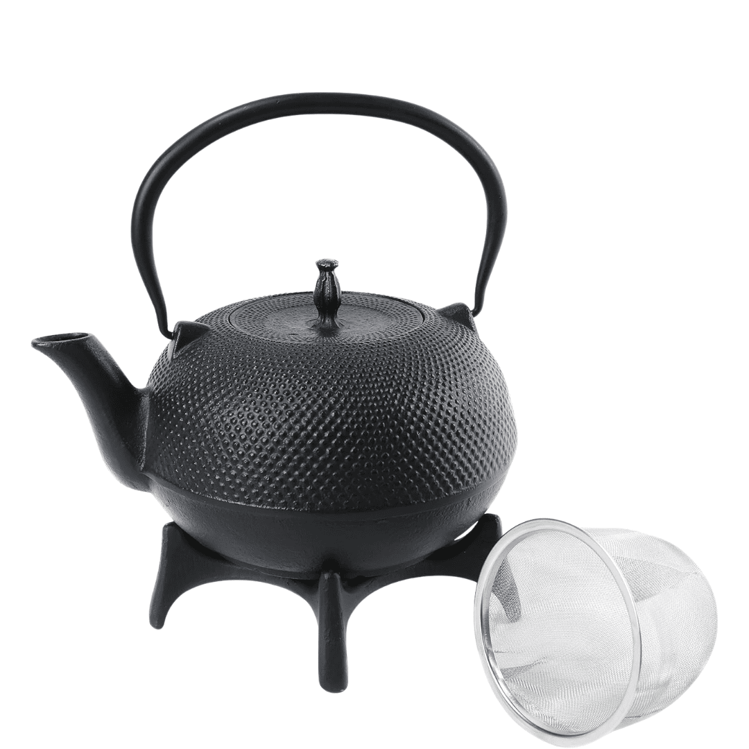 Black cast iron teapot with stainless steel infuser