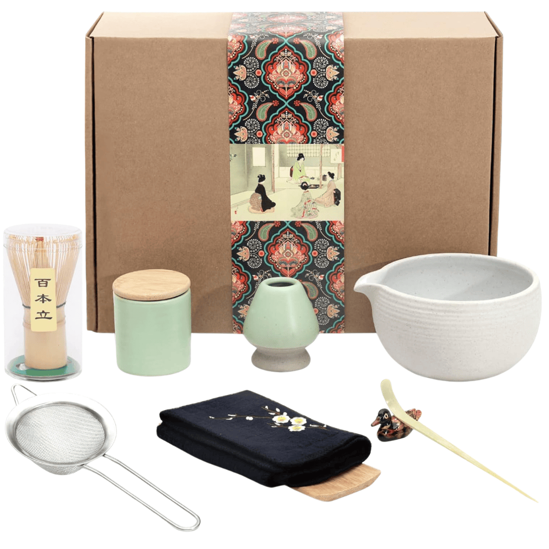 Japanese inspired living with a matcha tea set with bowl, whisk, and accessories