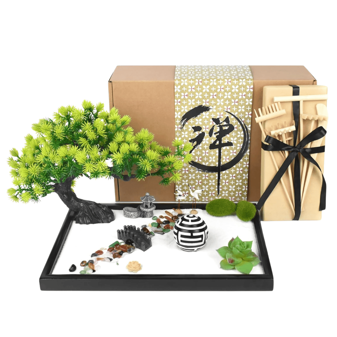 Japanese-inspired zen sand garden with miniature accessories