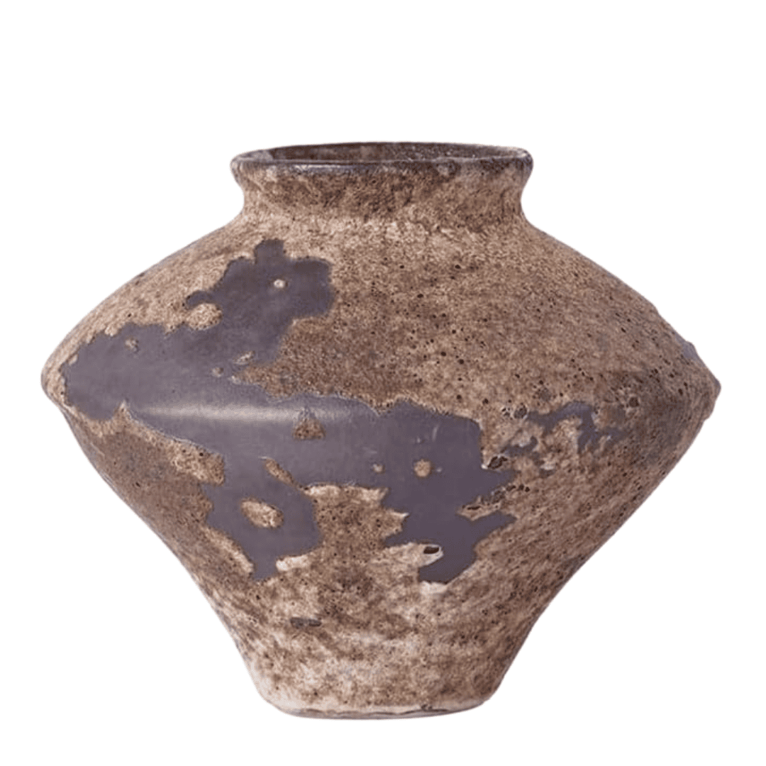 Japanese inspired living with rustic textured ceramic vase with weathered finish