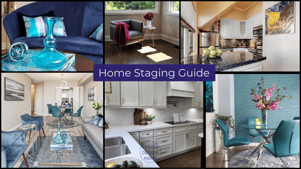 Collage of professionally staged living rooms, dining areas, and kitchens featured in a home staging guide