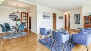 Professionally staged living and dining room in a home for sale