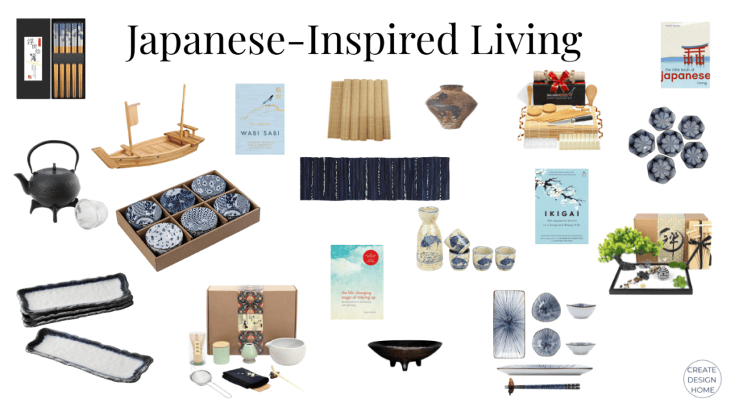 Collection of Japanese-inspired living products including tea accessories, tableware, books, decor, and mindfulness items