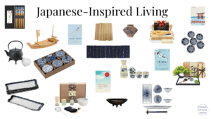 Collection of Japanese-inspired living products including tea accessories, tableware, books, decor, and mindfulness items