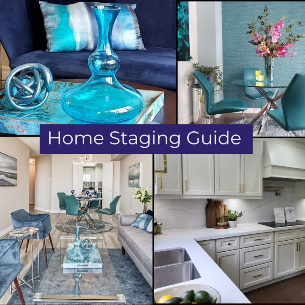 Collage of professionally staged living rooms, dining areas, and kitchens featured in a home staging guide