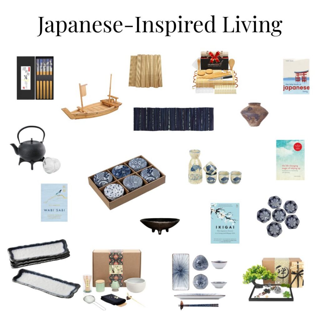 Collection of Japanese-inspired living products including tea accessories, tableware, books, decor, and mindfulness items