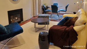 Finished basement staged as comfortable additional living space