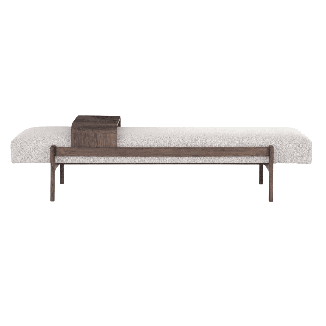 Modern Four Hands Fawkes upholstered bench with integrated wood tray